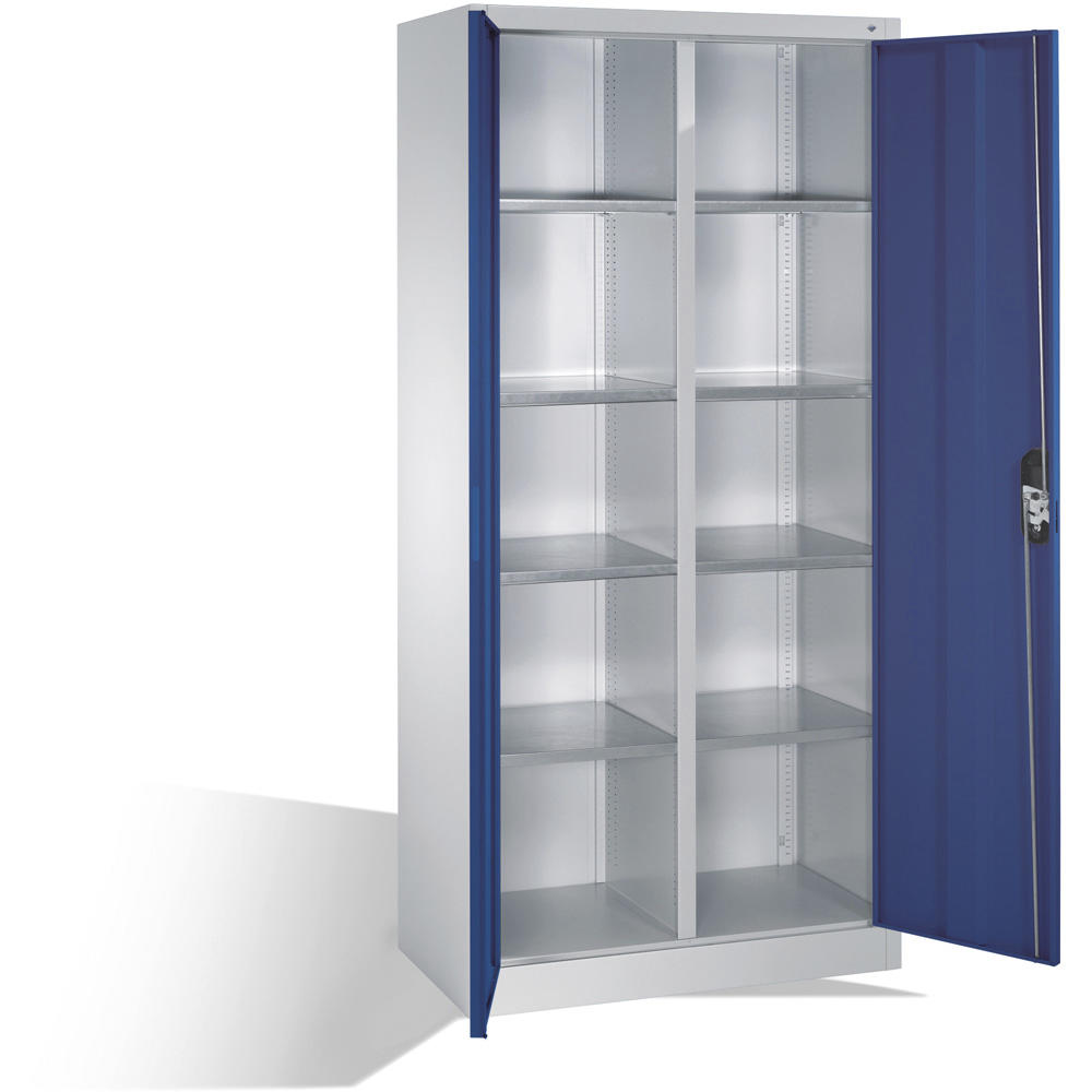 Flügeltüren-Stahlschrank SYSTEM ERGO-LOCK | Enzianblau RAL 5010 | 930 | links und rechts 4 Fachböden
