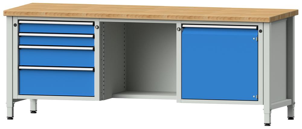 Werkbank SERIE ERGO | Lichtblau RAL 5012 | 4 Schubladen, 1 Fach + 1 Tür | Buche-Massiv-Arbeitsplatte