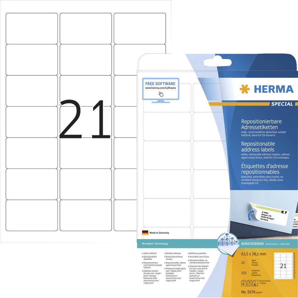 HERMA Etikett Movables 5074 63,5x38,1mm sk weiß