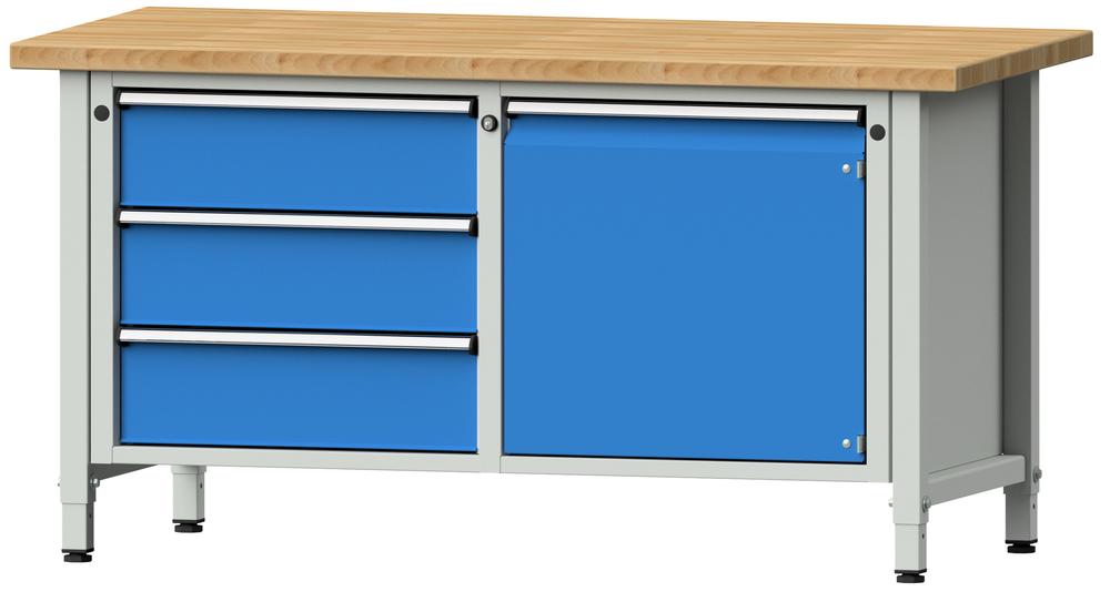 Werkbank SERIE ERGO | Lichtblau RAL 5012 | 3 Schubladen + 1 Tür | Buche-Massiv-Arbeitsplatte