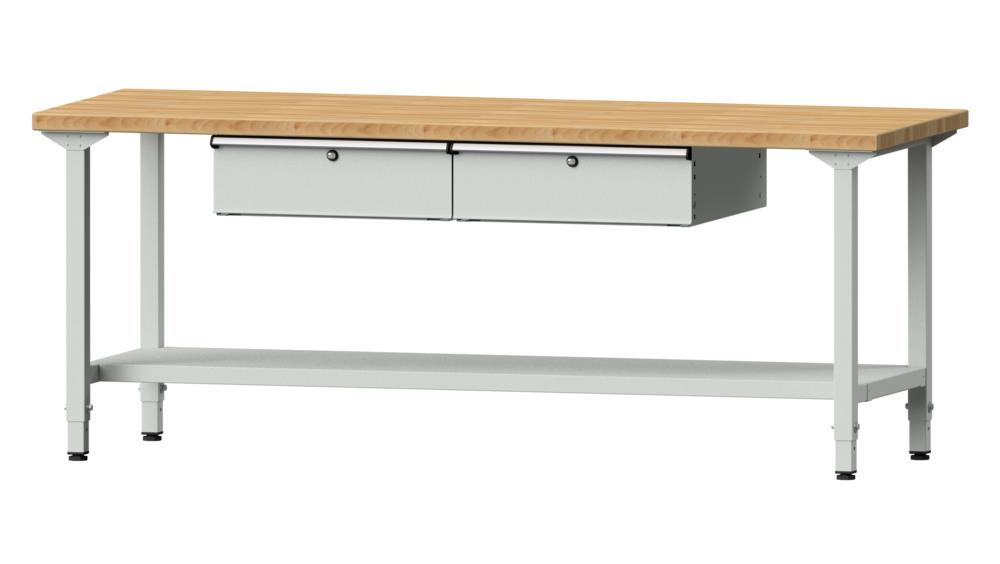 Werkbank SERIE ERGO | Lichtgrau RAL 7035 | 2000 | Buche-Massiv-Arbeitsplatte