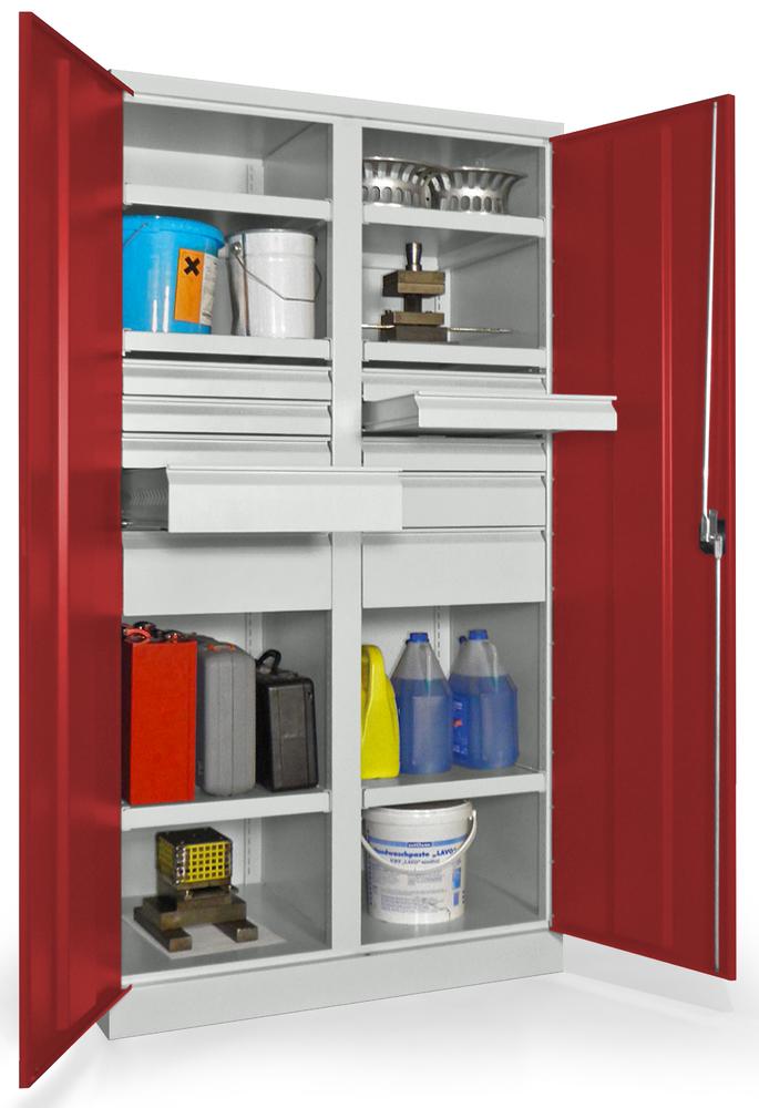 Schwerlastschrank mit Mitteltrennwand | Rubinrot RAL 3003 | 1040 | 10 Schubladen: 6xH75, 2xH125, 2xH175 mm