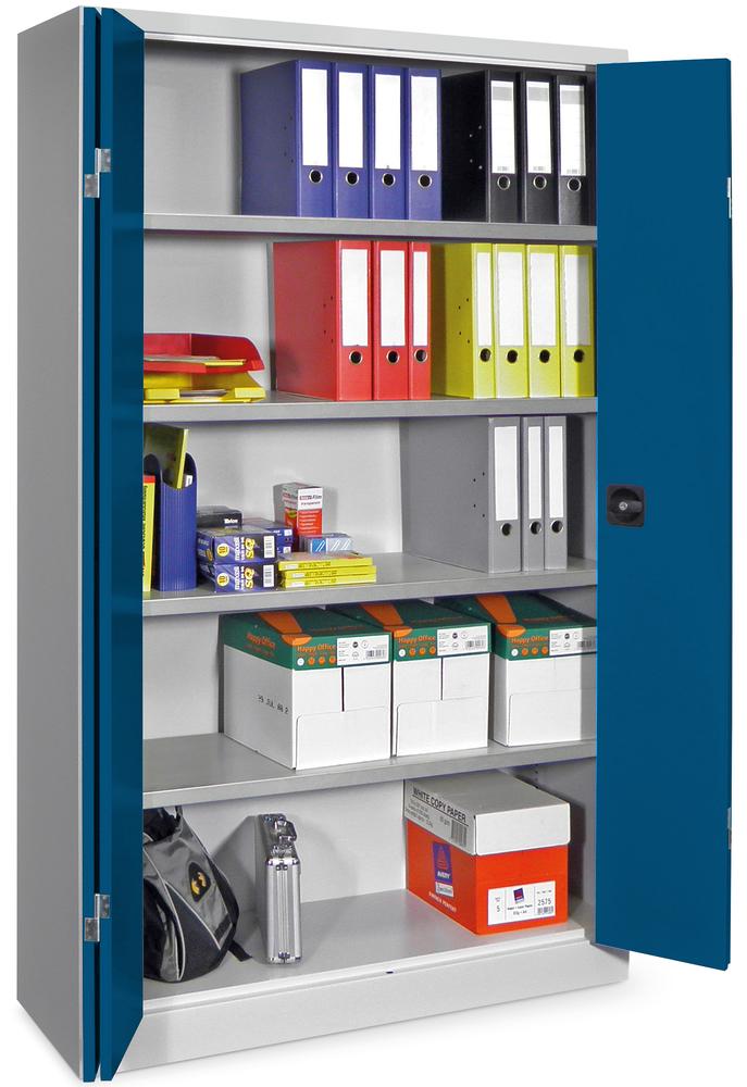 Falttüren-Stahlschrank mit verzinkten Böden | Enzianblau RAL 5010 | 1950 | 1200 | 400 | mit verzinkten Fachböden | Lichtgrau RAL 7035