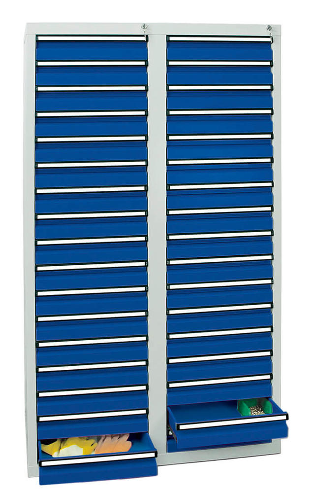 Schubladenschrank SYSTEM DTS 410, 34 Schubladen | Enzianblau RAL 5010 | 1800 | 1000 | 34 Schübe
