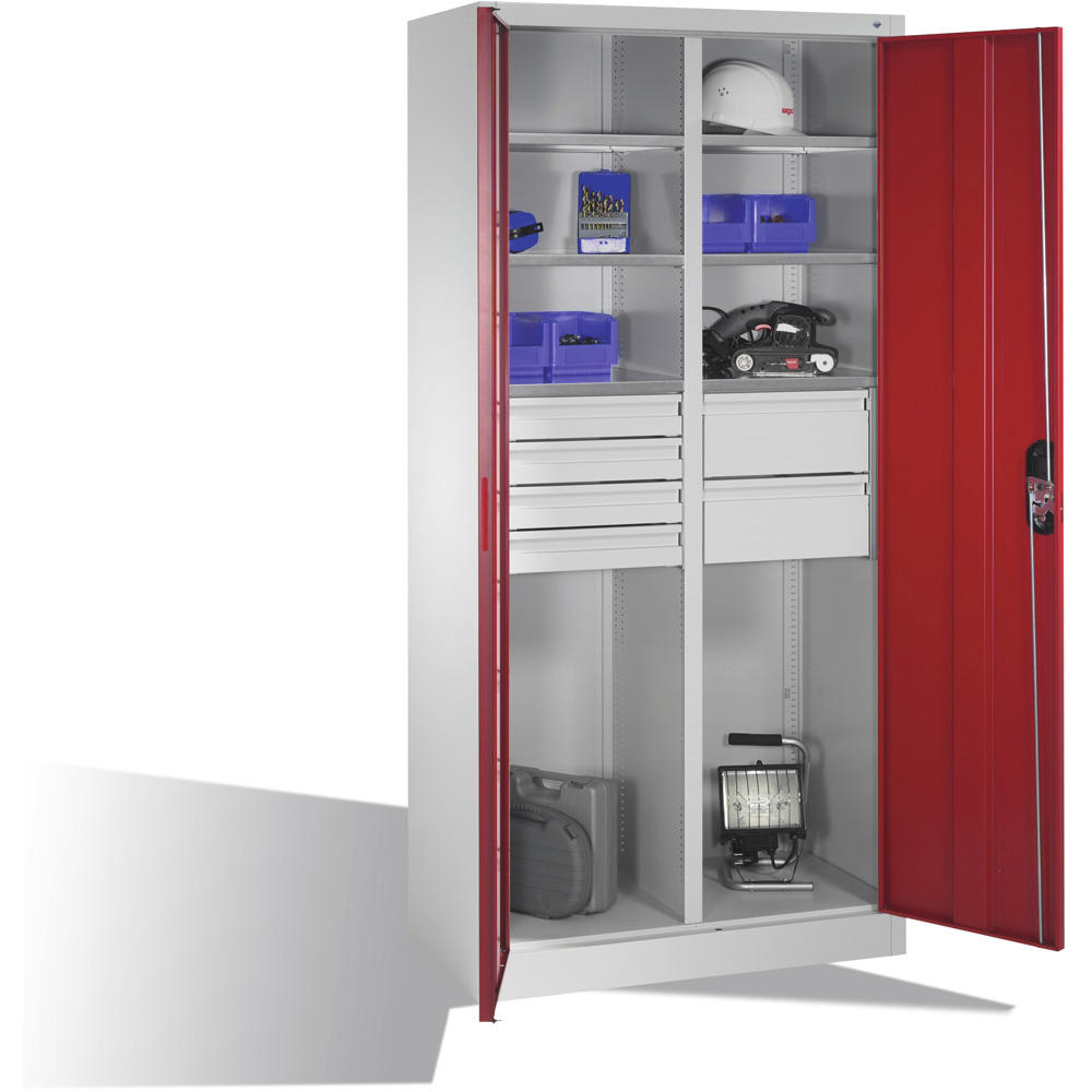 Flügeltüren-Stahlschrank SYSTEM ERGO-LOCK | Rubinrot RAL 3003 | 930 | links 3 Fachböden und 4 kleine Schubladen, rechts 3 Fachböden und 2 große Schubladen
