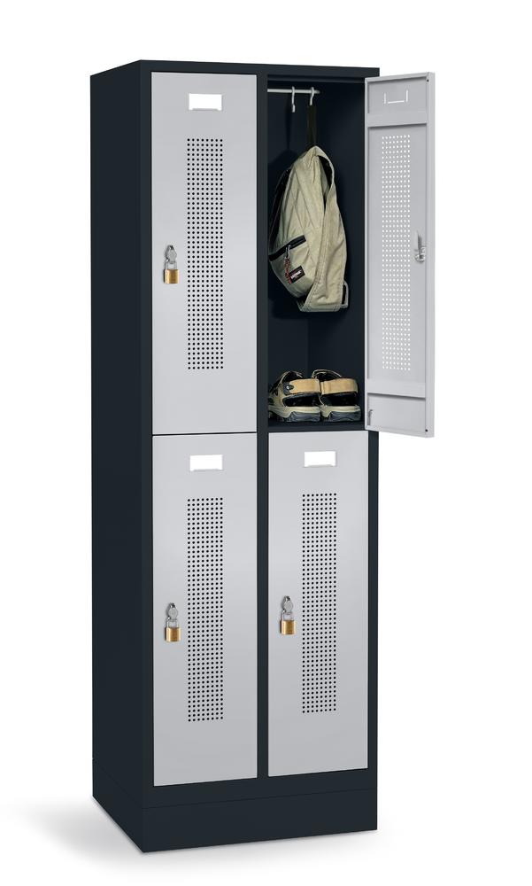 Doppelstöckiger Spind SYSTEM SP1 mit Sockel | Alusilber RAL 9006 | mit Sockel | Drehriegelverschluss