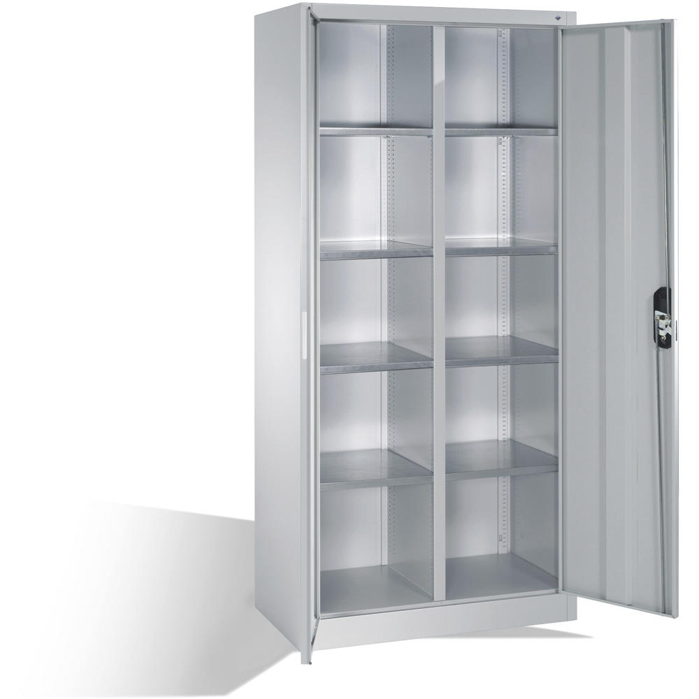 Flügeltüren-Stahlschrank SYSTEM ERGO-LOCK | Lichtgrau RAL 7035 | 930 | links und rechts 4 Fachböden