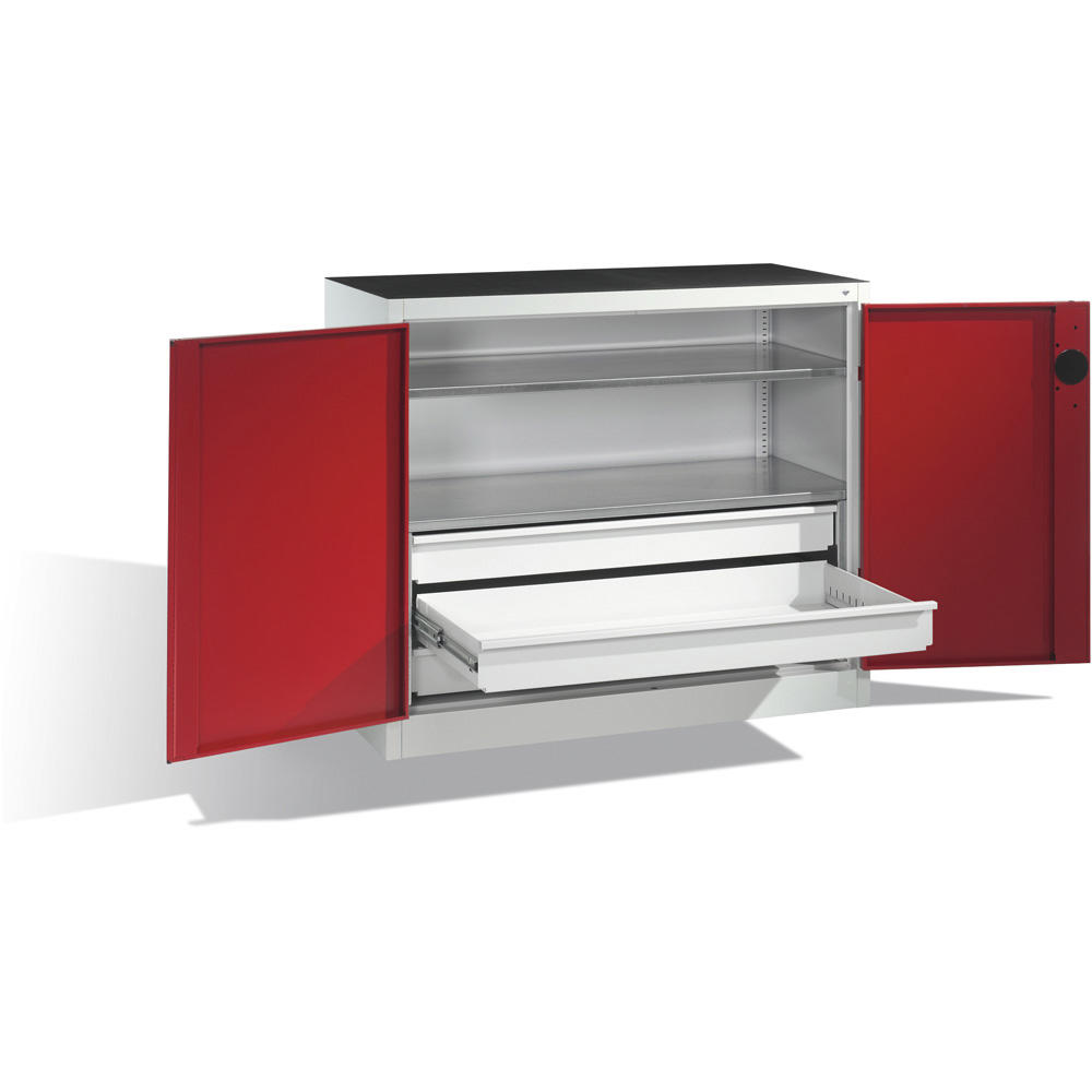 Flügeltüren-Stahlschrank SYSTEM TMF 110 | Rubinrot RAL 3003 | 1000 | 1200 | 500 | Schubladenblock unten