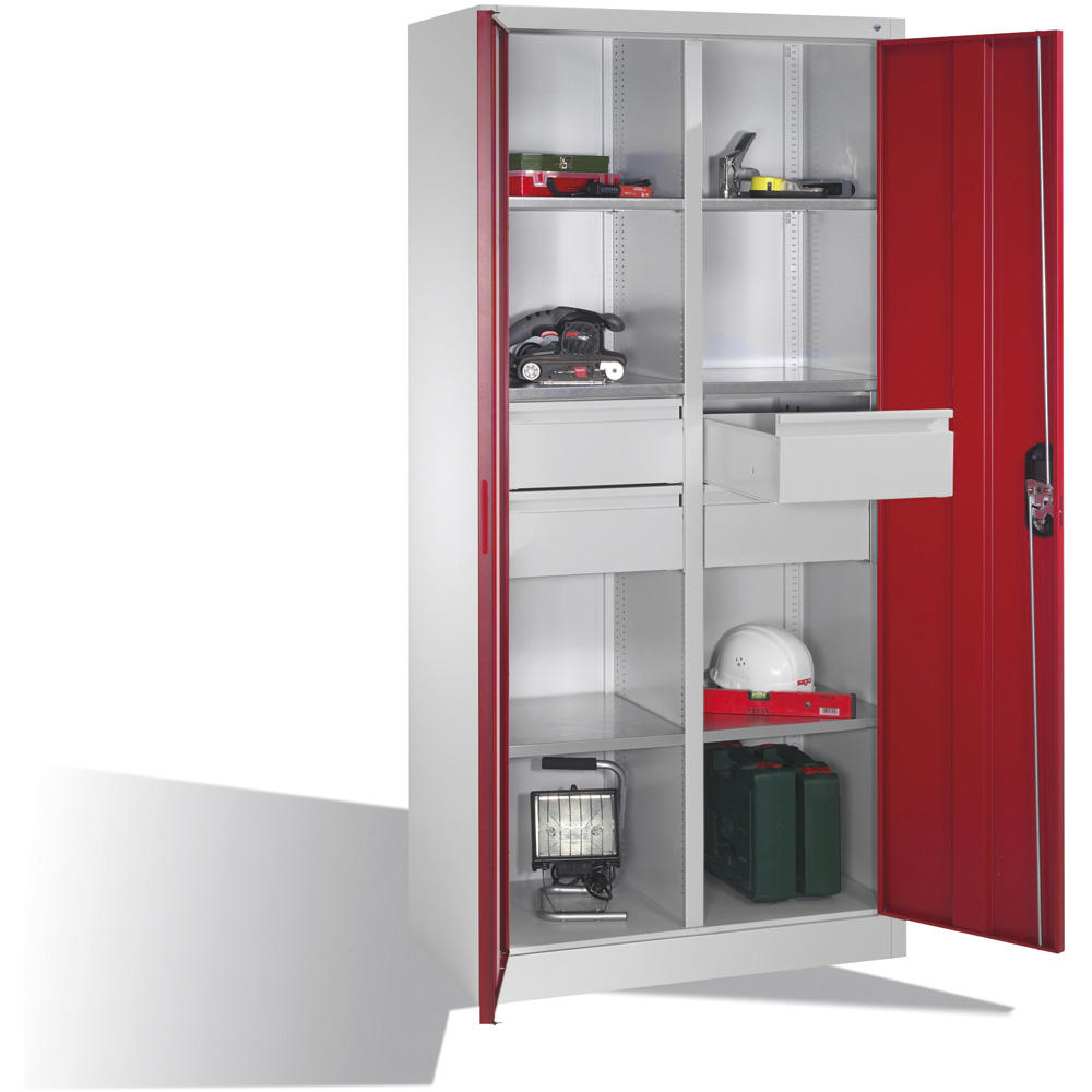 Flügeltüren-Stahlschrank SYSTEM ERGO-LOCK | Rubinrot RAL 3003 | 930 | links und rechts 3 Fachböden und 2 große Schubladen