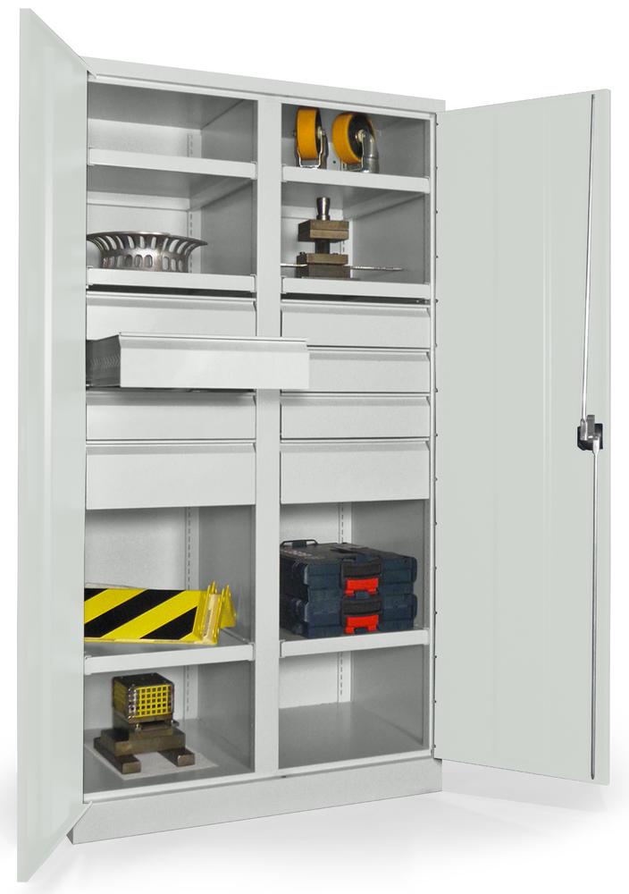 Schwerlastschrank mit Mitteltrennwand | Lichtgrau RAL 7035 | 1040 | 8 Schubladen: 6xH125, 2xH175 mm