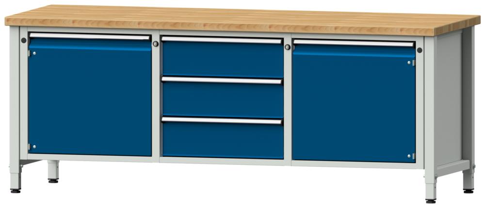 Werkbank SERIE ERGO | Enzianblau RAL 5010 | 3 Schubladen + 2 Türen | Buche-Massiv-Arbeitsplatte