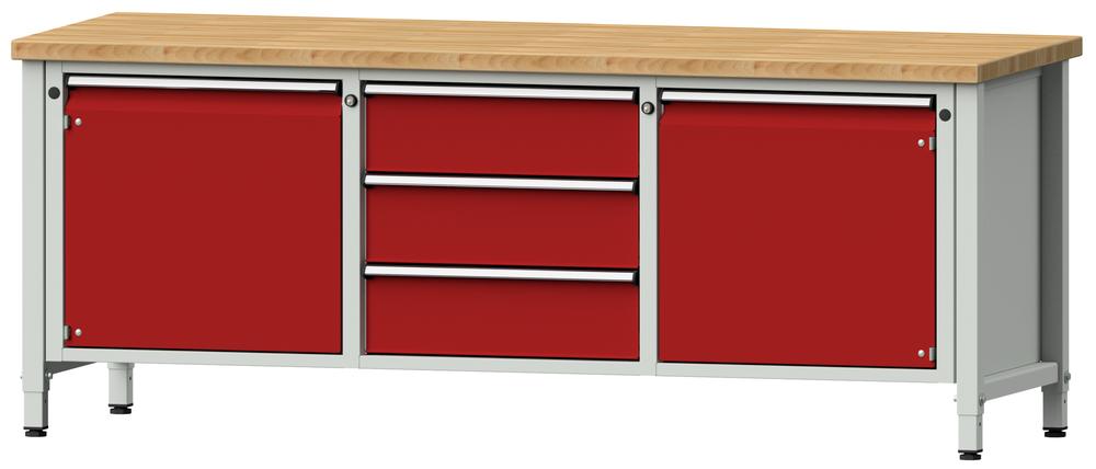 Werkbank SERIE ERGO | Karminrot RAL 3002 | 3 Schubladen + 2 Türen | Buche-Massiv-Arbeitsplatte