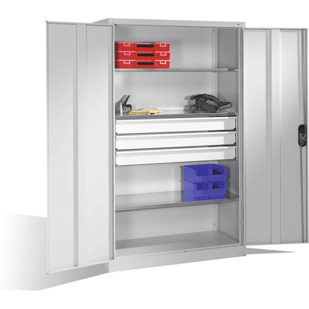 Flügeltüren-Stahlschrank SYSTEM TMF 110 | Lichtgrau RAL 7035 | 1950 | 1200 | 500 | Schubladenblock mittig