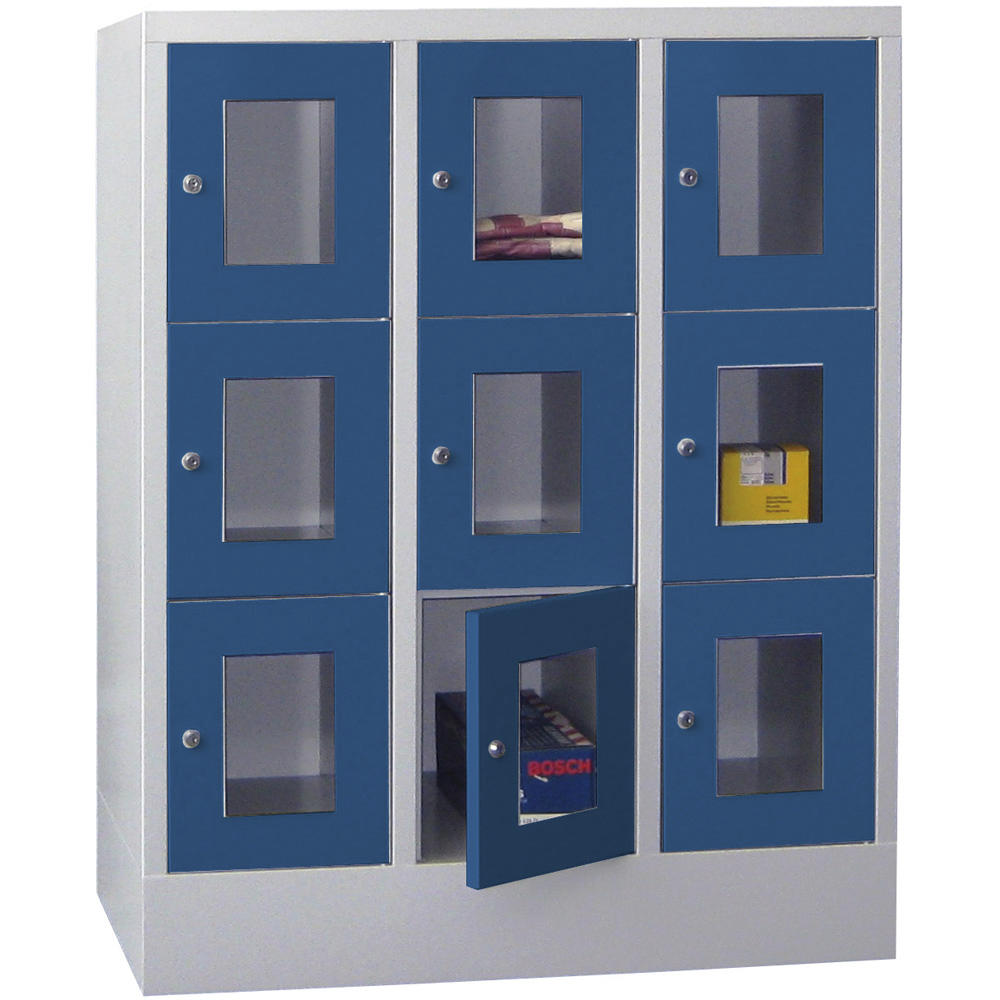 Schließfachschrank CLASSIC mit Sichtfenstertüren | Enzianblau RAL 5010 | 300 | 3 | 9