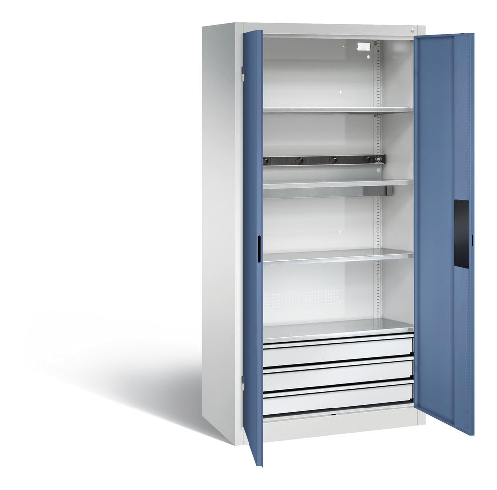 Akkuladeschrank Serie Basic, Vollblechtüren | Fernblau RAL 5023 | Basic, mit Schubladenblock | Vollblechtüren | Lichtgrau RAL 7035