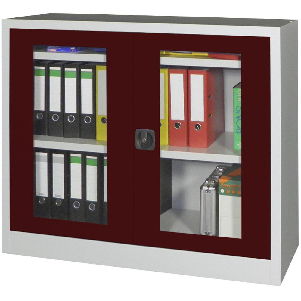 Materialschrank mit Sichtfenstertüren | Rubinrot RAL 3003 | 1000 | 1200 | 600 | Lichtgrau RAL 7035