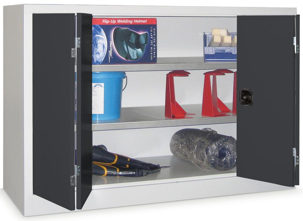 Falttüren-Stahlschrank mit verzinkten Böden | Anthrazitgrau RAL 7016 | 1000 | 1500 | 600 | mit verzinkten Fachböden | Lichtgrau RAL 7035