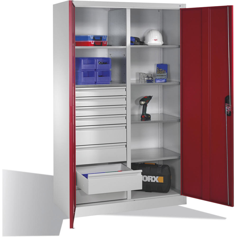 Flügeltüren-Stahlschrank SYSTEM ERGO-LOCK | Rubinrot RAL 3003 | 1200 | links 2 Fachböden, 4 kleine und 4 große Schubladen, rechts 4 Fachböden