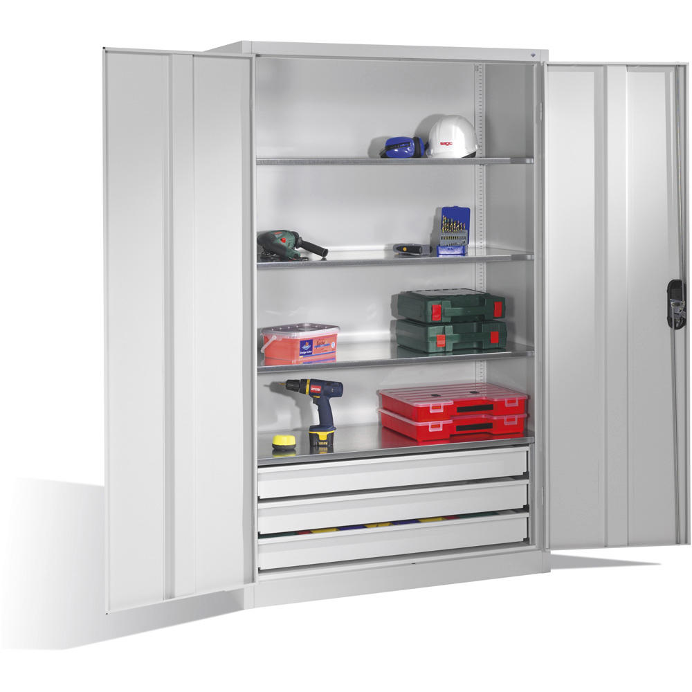Flügeltüren-Stahlschrank SYSTEM TMF 110 | Lichtgrau RAL 7035 | 1950 | 1200 | 600 | Schubladenblock unten