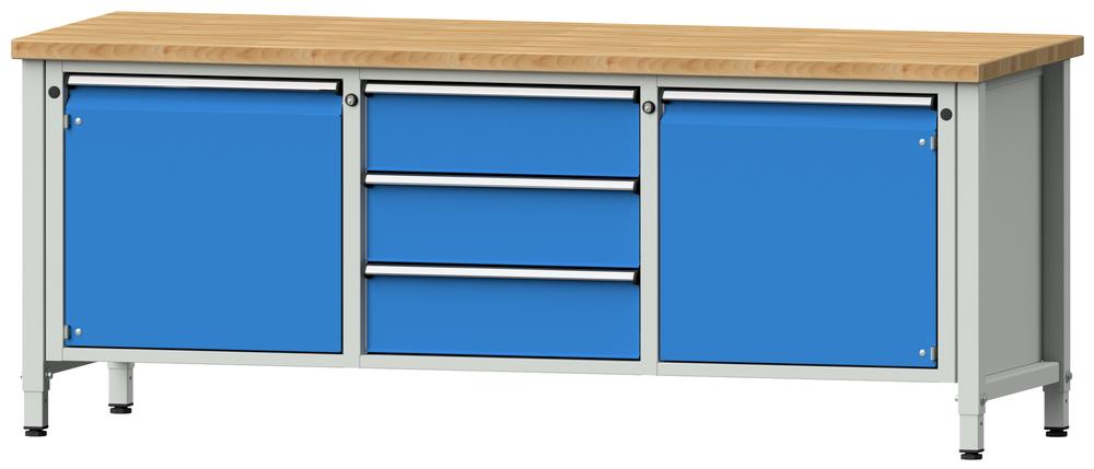 Werkbank SERIE ERGO | Lichtblau RAL 5012 | 3 Schubladen + 2 Türen | Buche-Massiv-Arbeitsplatte