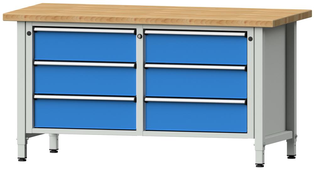 Werkbank SERIE ERGO | Lichtblau RAL 5012 | 6 Schubladen | Buche-Massiv-Arbeitsplatte