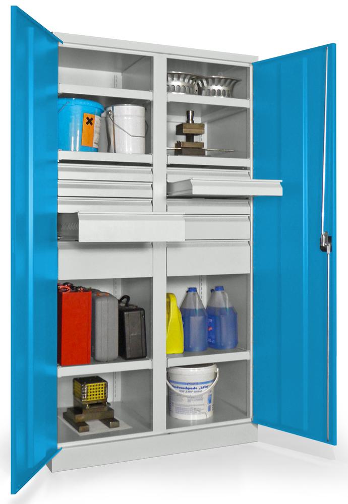 Schwerlastschrank mit Mitteltrennwand | Lichtblau RAL 5012 | 1040 | 10 Schubladen: 6xH75, 2xH125, 2xH175 mm