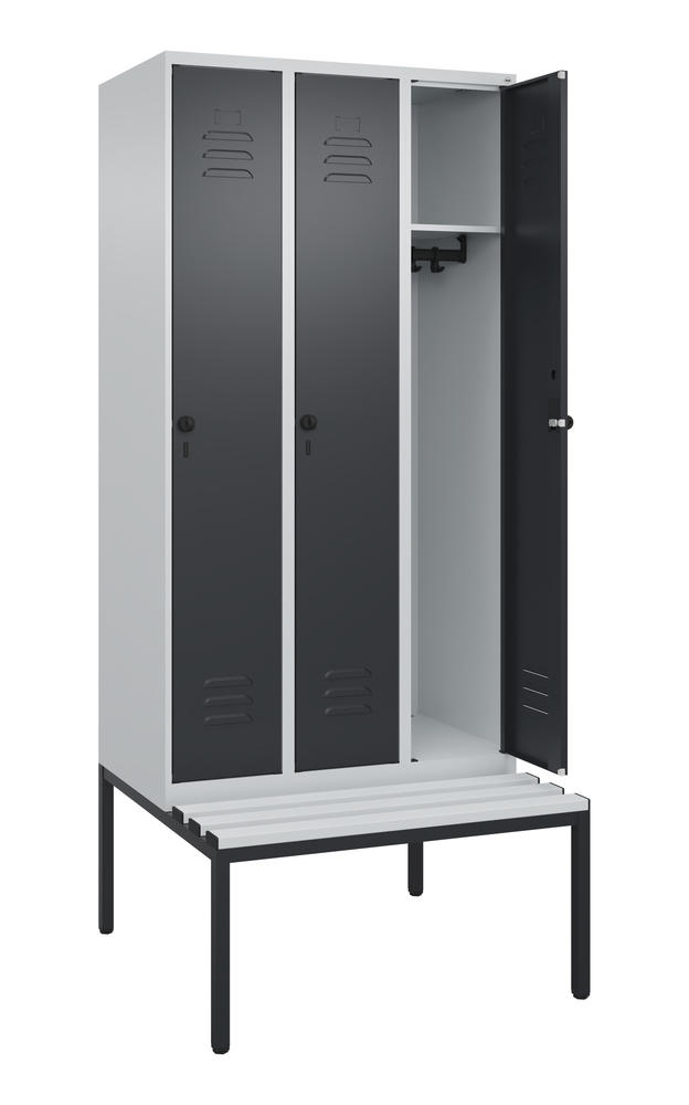 Garderoben-Stahlspind CLASSIC PLUS, mit Sitzbank | Schwarzgrau RAL 7021 | mit untergebauter Sitzbank, Kunststoffleisten | Lichtgrau RAL 7035 | 300 | 3