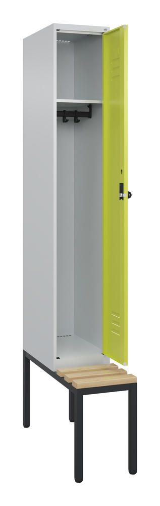 Garderoben-Stahlspind CLASSIC PLUS, mit Sitzbank | Clowngrün RAL 1108060 | mit untergebauter Sitzbank, Holzleisten | Lichtgrau RAL 7035 | 300 | 1