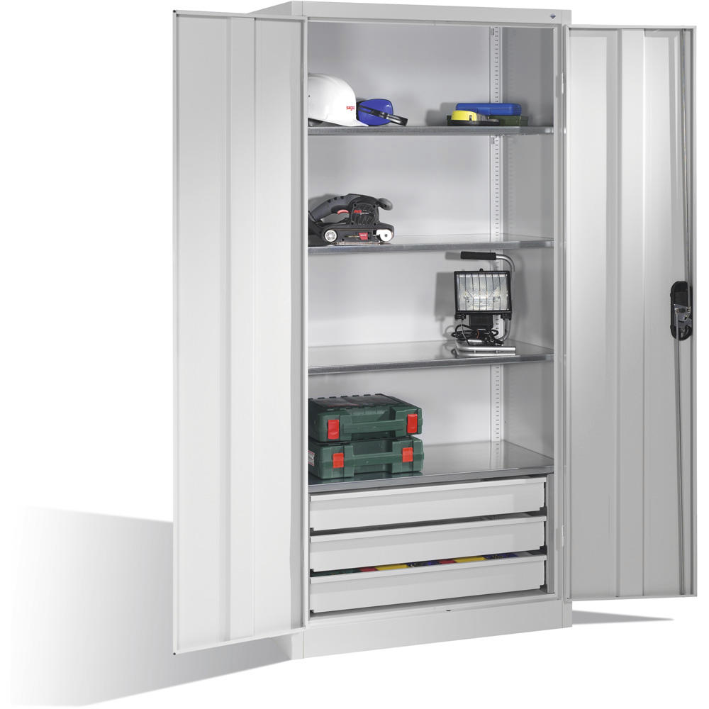 Flügeltüren-Stahlschrank SYSTEM TMF 110 | Lichtgrau RAL 7035 | 1950 | 930 | 500 | Schubladenblock unten