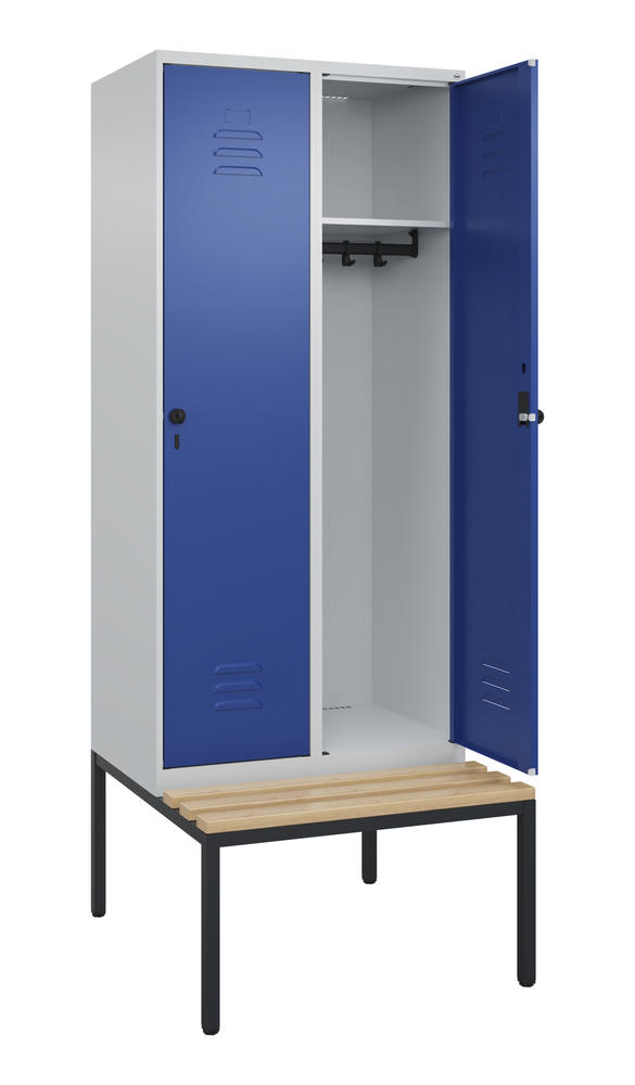 Garderoben-Stahlspind CLASSIC PLUS, mit Sitzbank | Enzianblau RAL 5010 | mit untergebauter Sitzbank, Holzleisten | Lichtgrau RAL 7035 | 400 | 2