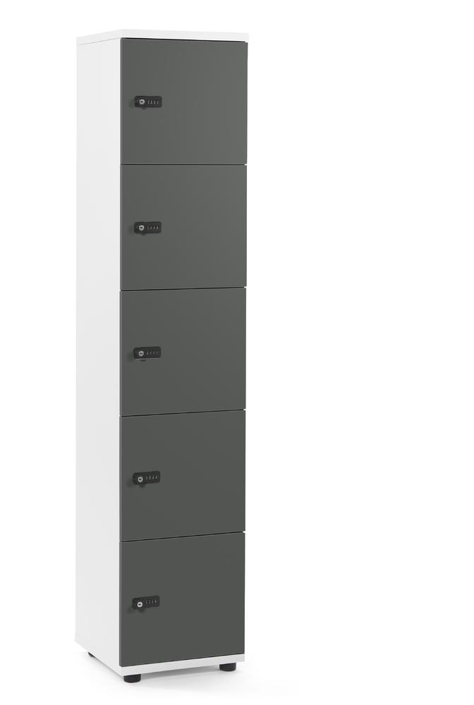 Schließfachschrank OFFICE-LINE mit 5 Fächern | Grau | ohne Posteinwurf | Weiß | Mechanisches Zahlen-Kombinationsschloss
