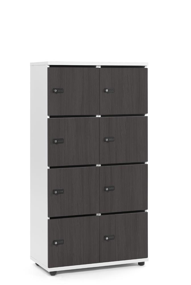 Schließfachschrank OFFICE-LINE mit 8 Fächern | Eiche dunkel | mit Posteinwurf | Weiß | Mechanisches Zahlen-Kombinationsschloss