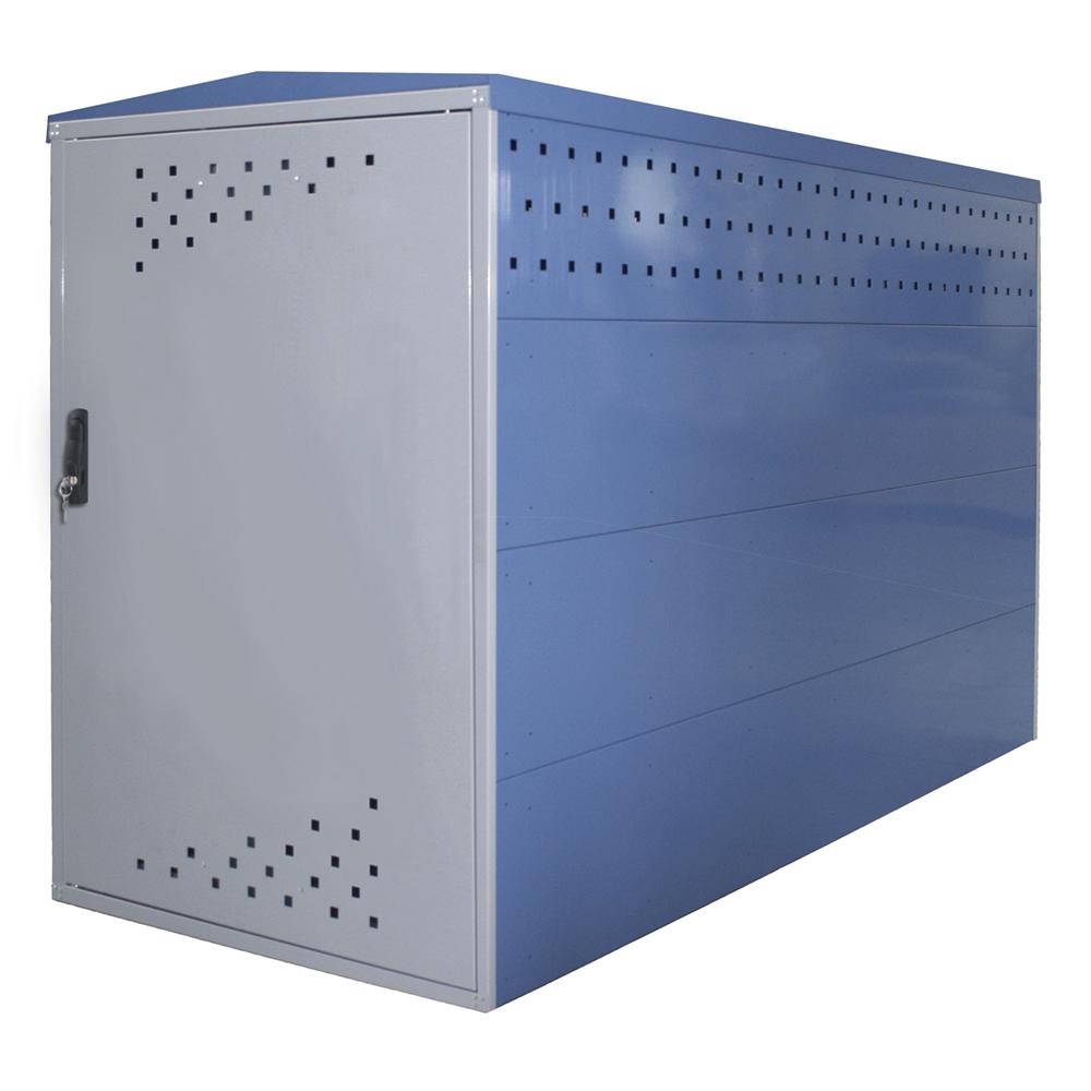 Fahrradgarage Bike Box | Fernblau RAL 5023 | Grundeinheit mit 2 Seitenwänden | Giebeldach/Spitzdach