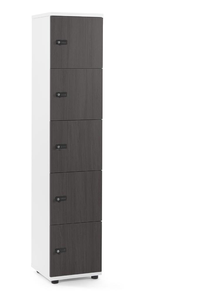 Schließfachschrank OFFICE-LINE mit 5 Fächern | Eiche dunkel | ohne Posteinwurf | Weiß | Mechanisches Zahlen-Kombinationsschloss