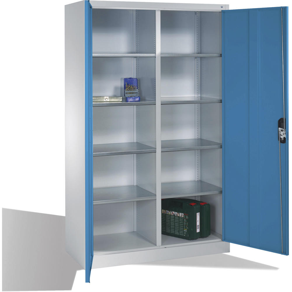 Flügeltüren-Stahlschrank SYSTEM ERGO-LOCK | Lichtblau RAL 5012 | 1200 | links und rechts 4 Fachböden