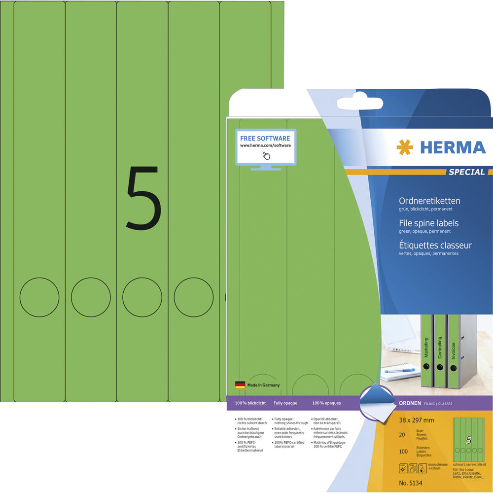 HERMA Ordneretiketten 5134 DIN A4 38x297mm grün