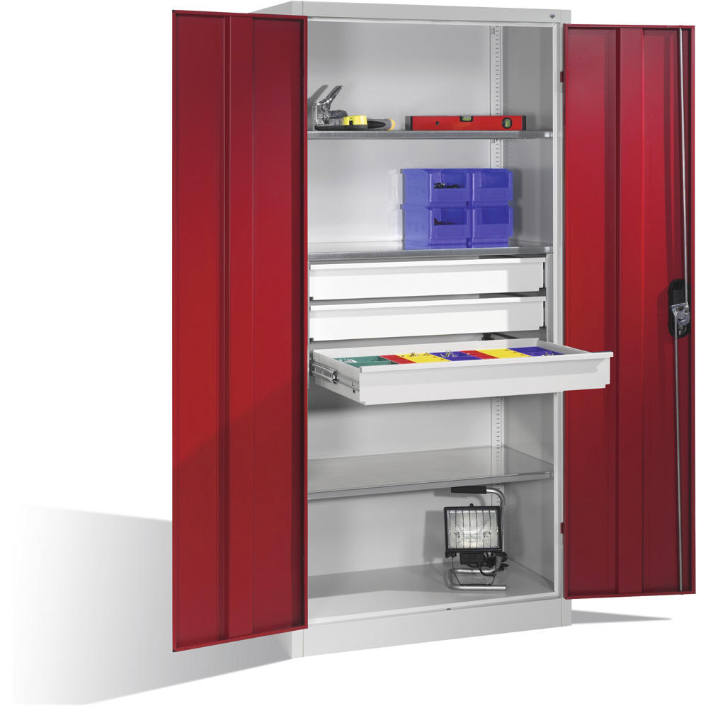 Flügeltüren-Stahlschrank SYSTEM TMF 110 | Rubinrot RAL 3003 | 1950 | 930 | 500 | Schubladenblock mittig