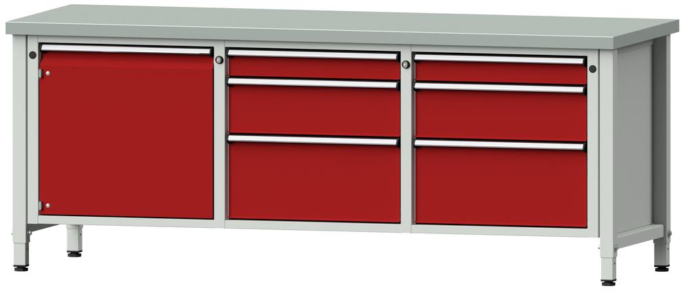 Werkbank SERIE ERGO | Karminrot RAL 3002 | 4 Schubladen + 1 Tür | Stahlblechbelag-Platte