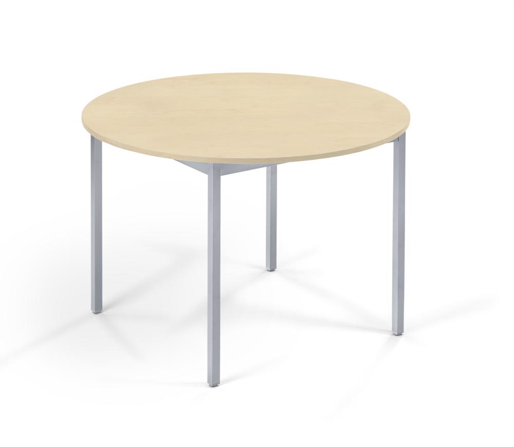 Konferenztisch rund, Gestell 4-Fuß | Ahorndekor | Alusilber RAL 9006 | 1400