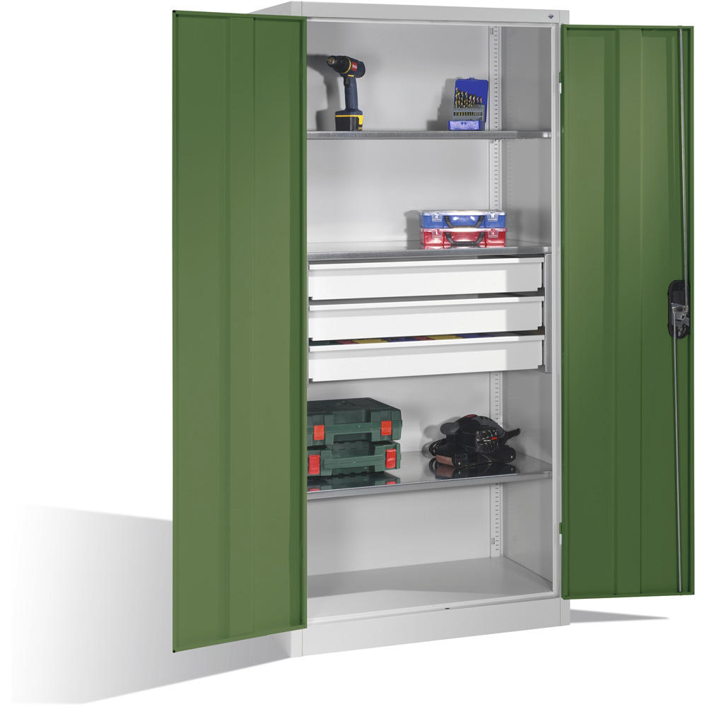 Flügeltüren-Stahlschrank SYSTEM TMF 110 | Resedagrün RAL 6011 | 1950 | 1200 | 600 | Schubladenblock mittig