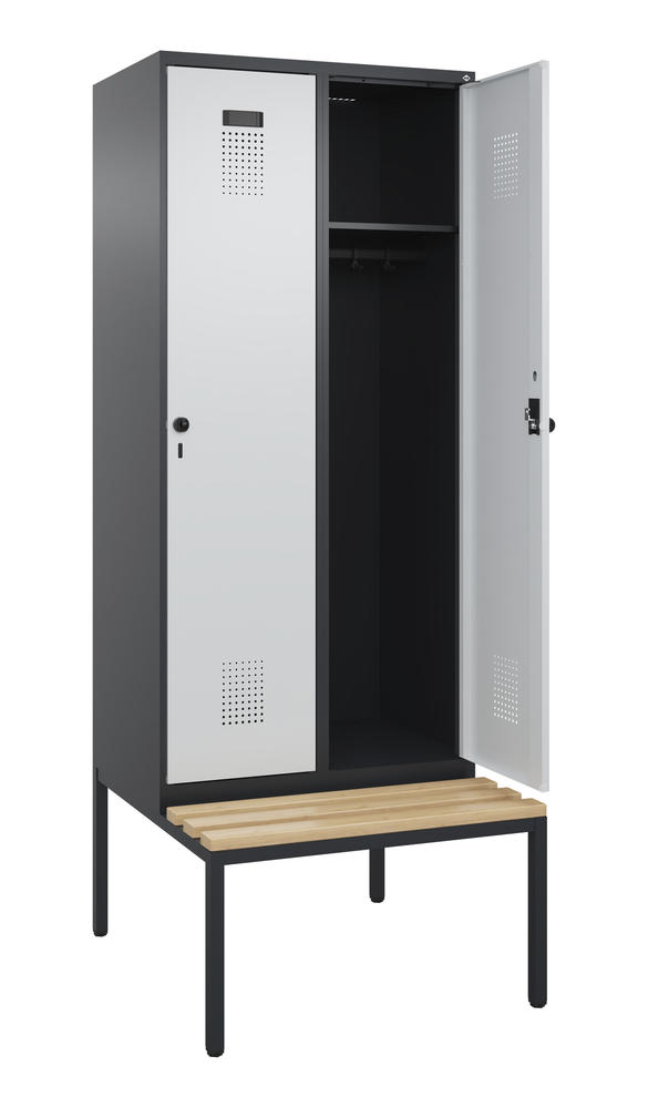 Garderoben-Stahlspind EVOLO PLUS, mit Sitzbank | Lichtgrau RAL 7035 | mit untergebauter Sitzbank, Holzleisten | Schwarzgrau RAL 7021 | 400 | 2