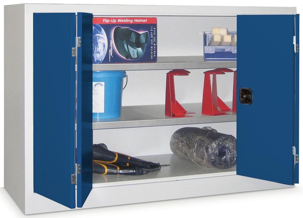 Falttüren-Stahlschrank mit verzinkten Böden | Enzianblau RAL 5010 | 1000 | 1500 | 600 | mit verzinkten Fachböden | Lichtgrau RAL 7035