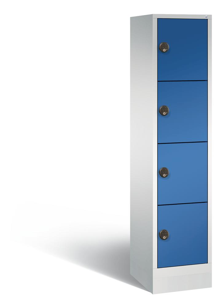 Schließfachschrank mit Ladefunktion, 4 Fächer | Enzianblau RAL 5010 | Elektronikschloss | 4