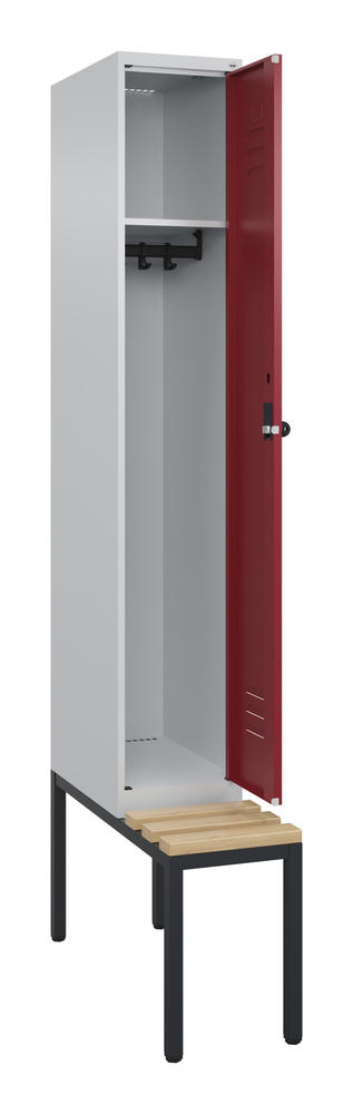 Garderoben-Stahlspind CLASSIC PLUS, mit Sitzbank | Rubinrot RAL 3003 | mit untergebauter Sitzbank, Holzleisten | Lichtgrau RAL 7035 | 300 | 1