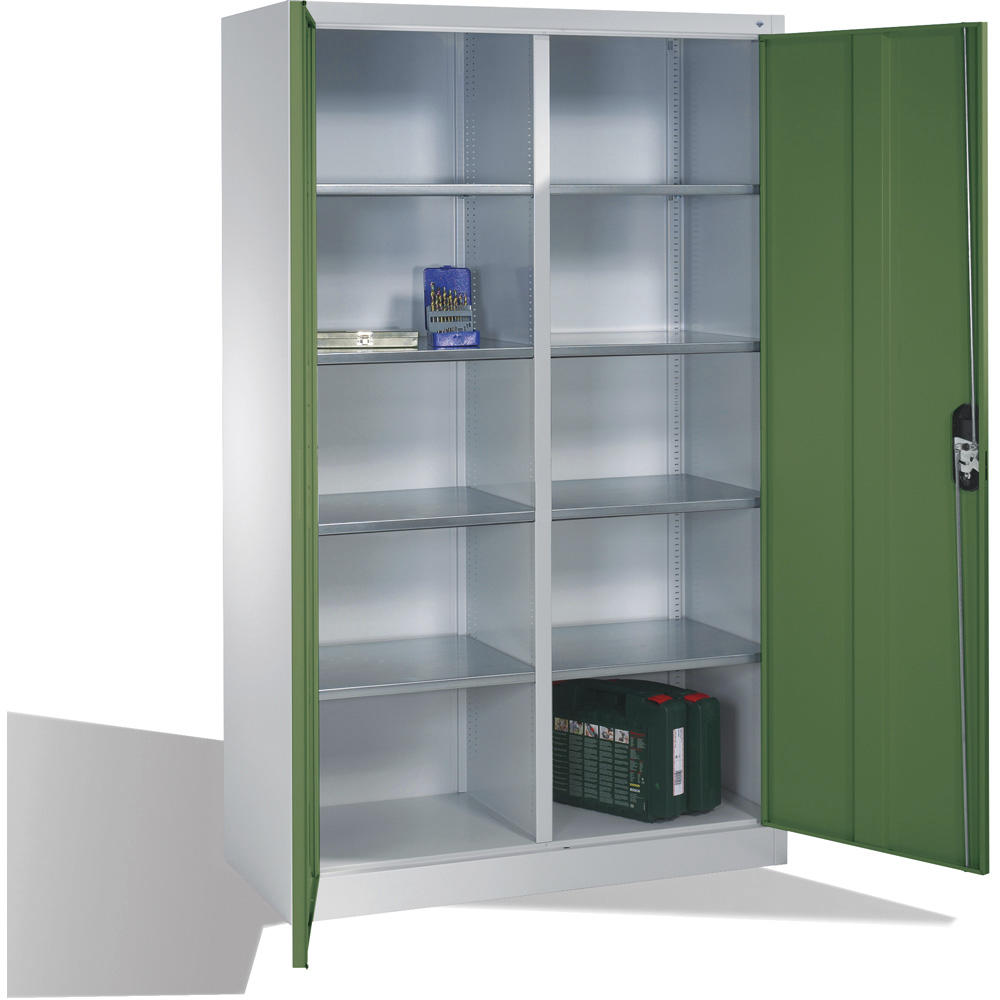 Flügeltüren-Stahlschrank SYSTEM ERGO-LOCK | Resedagrün RAL 6011 | 1200 | links und rechts 4 Fachböden