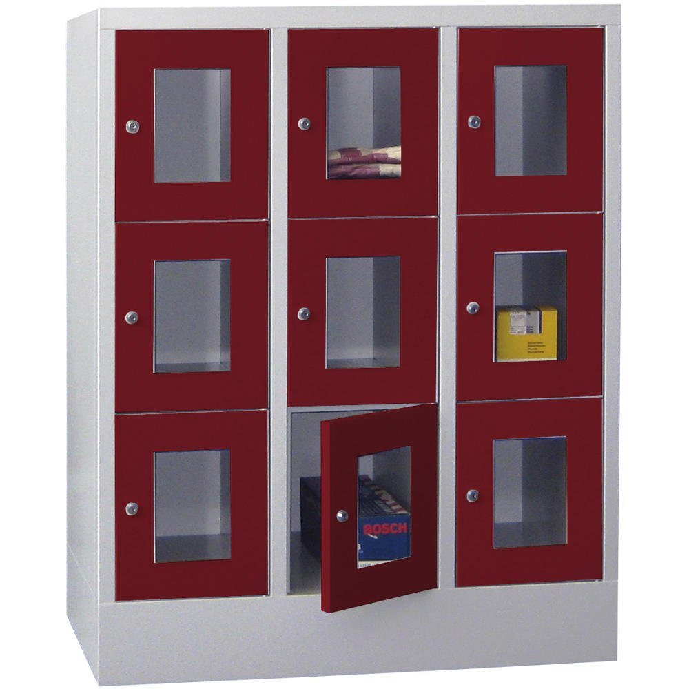 Schließfachschrank CLASSIC mit Sichtfenstertüren | Rubinrot RAL 3003 | 300 | 3 | 9