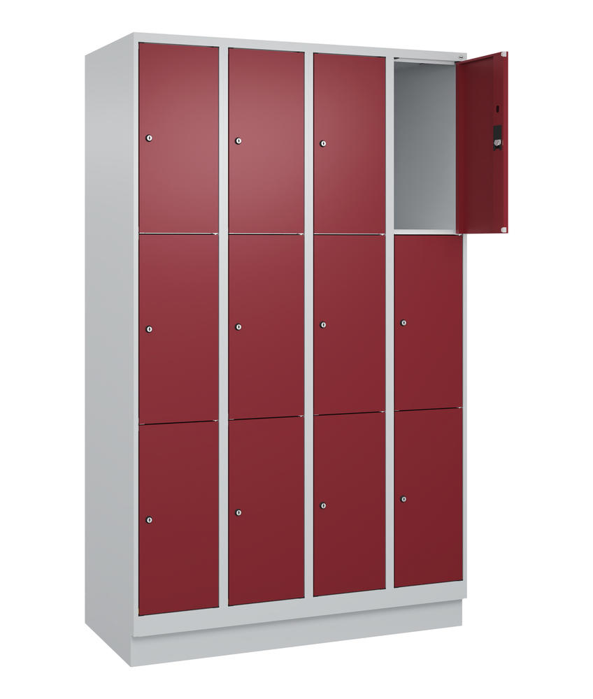 Schließfachschrank CLASSIC PLUS, mit Sockel | Rubinrot RAL 3003 | mit Sockel | Lichtgrau RAL 7035 | 300 | 4 | 12