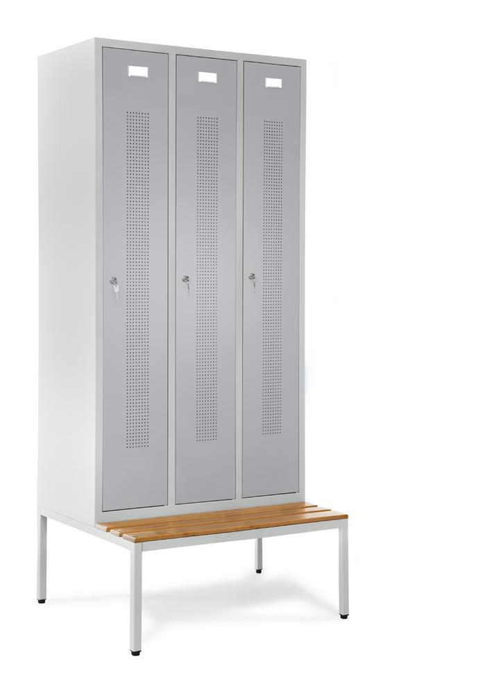 Garderobenspinde SYSTEM SP1 mit Sitzbank | Alusilber RAL 9006 | mit untergebauter Sitzbank, Holzleisten | 300 | Zylinderschloss