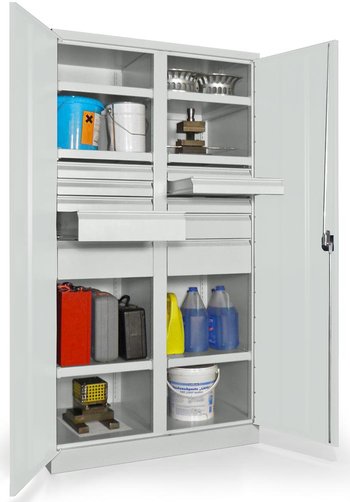 Schwerlastschrank mit Mitteltrennwand | Lichtgrau RAL 7035 | 1040 | 10 Schubladen: 6xH75, 2xH125, 2xH175 mm