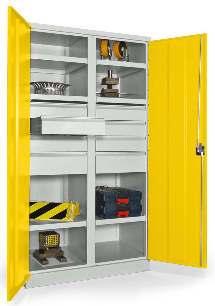 Schwerlastschrank mit Mitteltrennwand | Zinkgelb RAL 1018 | 1040 | 8 Schubladen: 6xH125, 2xH175 mm